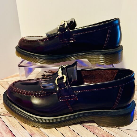 Dr Martens Adrian Snaffle Cherry Red Arcadia Leather Loafers M6 W 7 Kiltie Gold - Picture 2 of 8